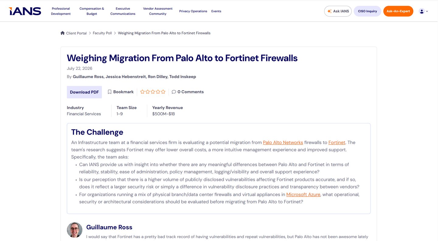 A published Faculty Poll on the portal, showing the question, client context, the challenge and faculty responses